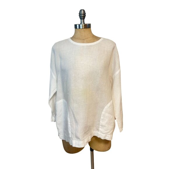 Eileen Fisher Womens White Linen Blouse With Front Patch Pockets Small - Picture 1 of 5